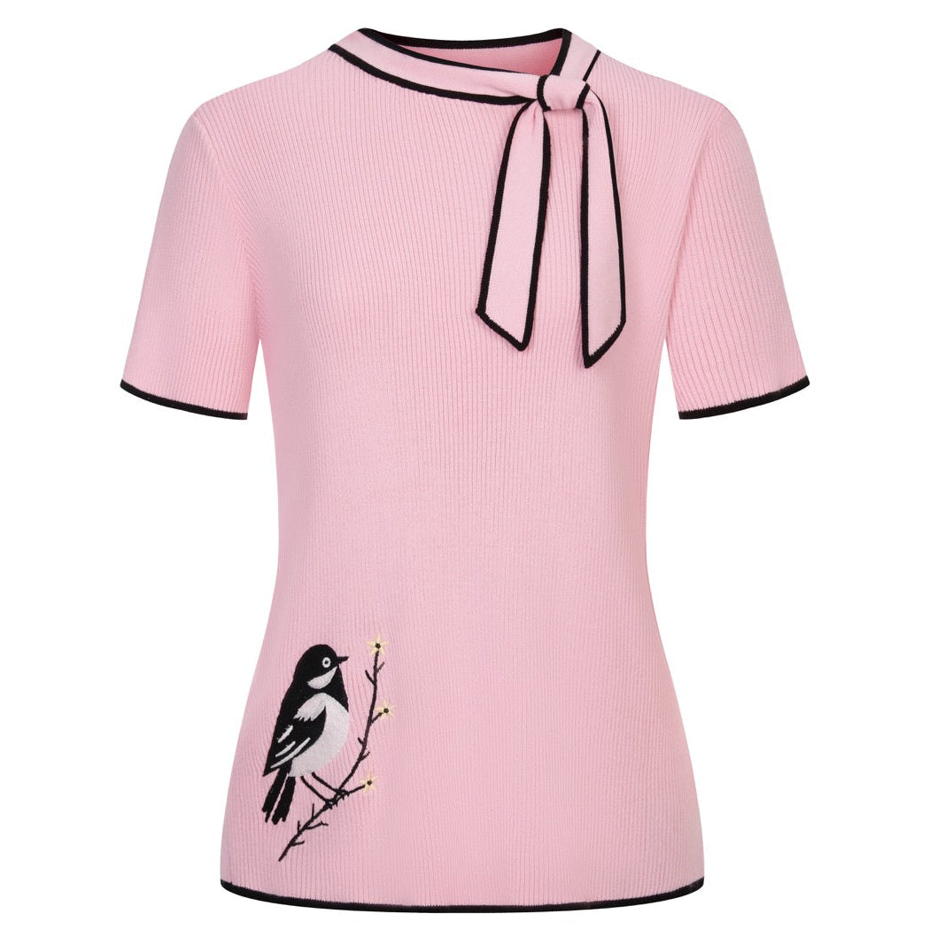 Pink | Retro Striped Bird Embroidered Knit T-Shirt