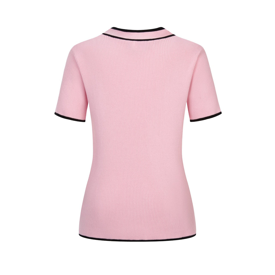 Pink | Retro Striped Bird Embroidered Knit T-Shirt