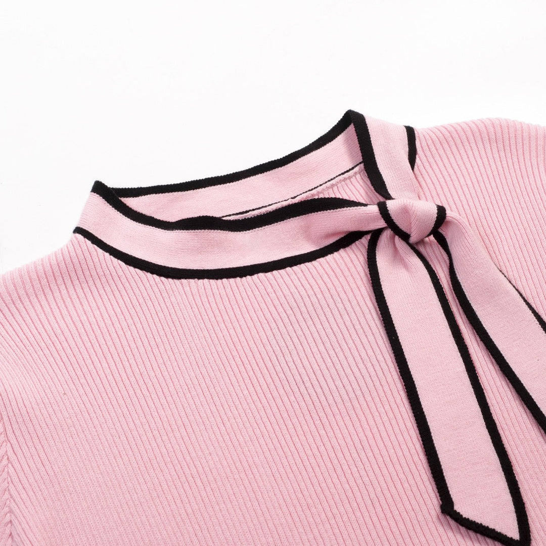 Pink | Retro Striped Bird Embroidered Knit T-Shirt
