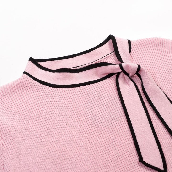 Pink | Retro Striped Bird Embroidered Knit T-Shirt
