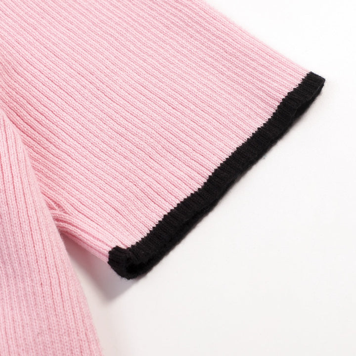 Pink | Retro Striped Bird Embroidered Knit T-Shirt