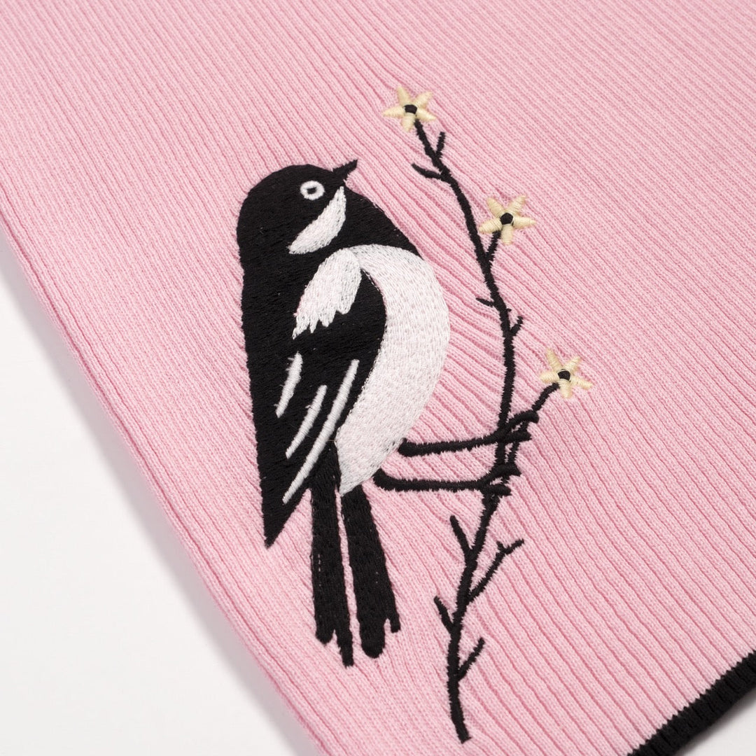 Pink | Retro Striped Bird Embroidered Knit T-Shirt