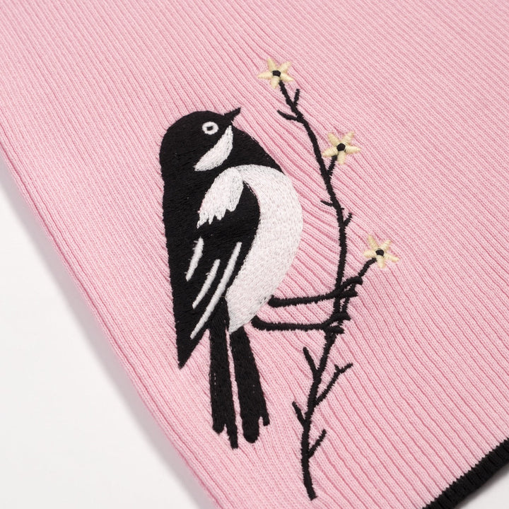Pink | Retro Striped Bird Embroidered Knit T-Shirt