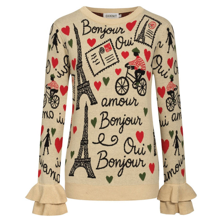 Khaki | Paris Theme Jacquard Ruffled Knitwear