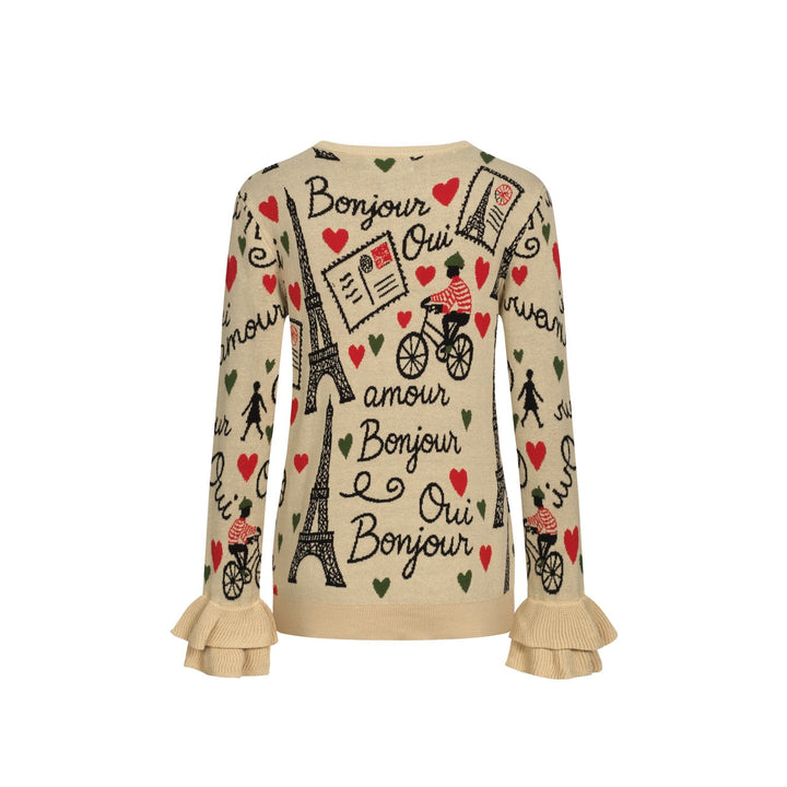 Khaki | Paris Theme Jacquard Ruffled Knitwear