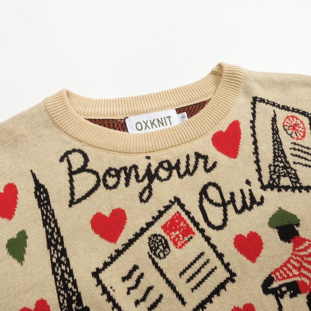 Khaki | Paris Theme Jacquard Ruffled Knitwear