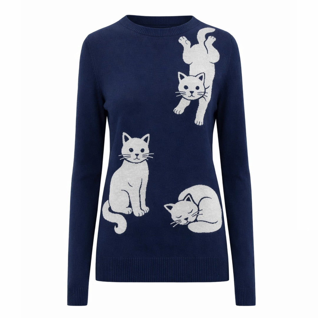 Dark Blue | Small Cat Simple Retro Jacquard Knitwear