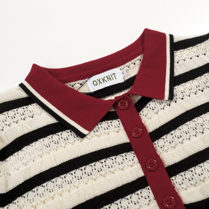 White | striped hollow-out vintage knit polo