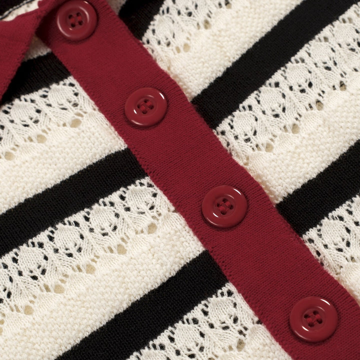 White | striped hollow-out vintage knit polo