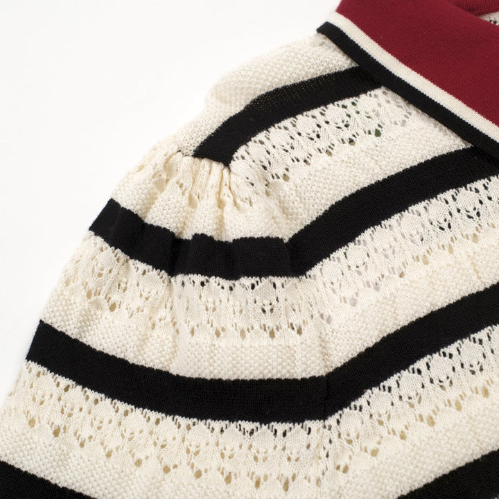 White | striped hollow-out vintage knit polo