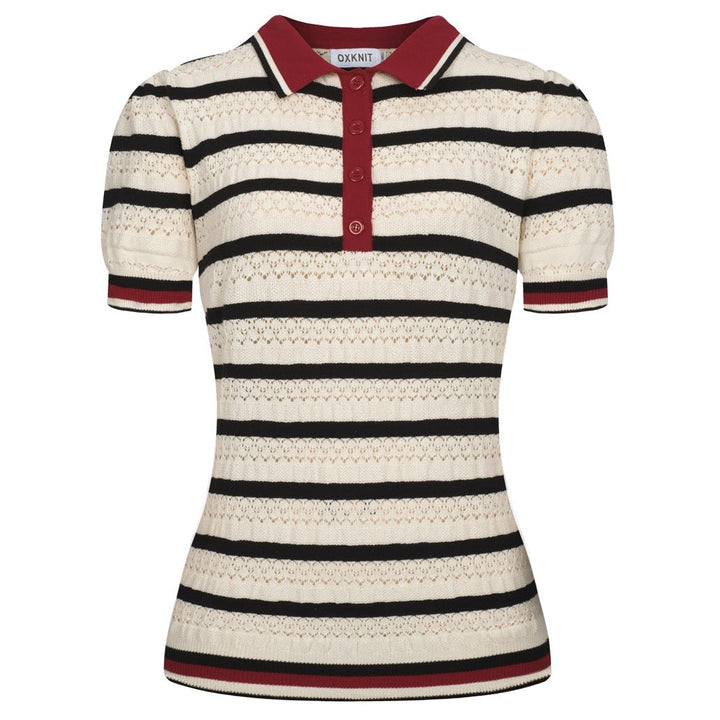 White | striped hollow-out vintage knit polo