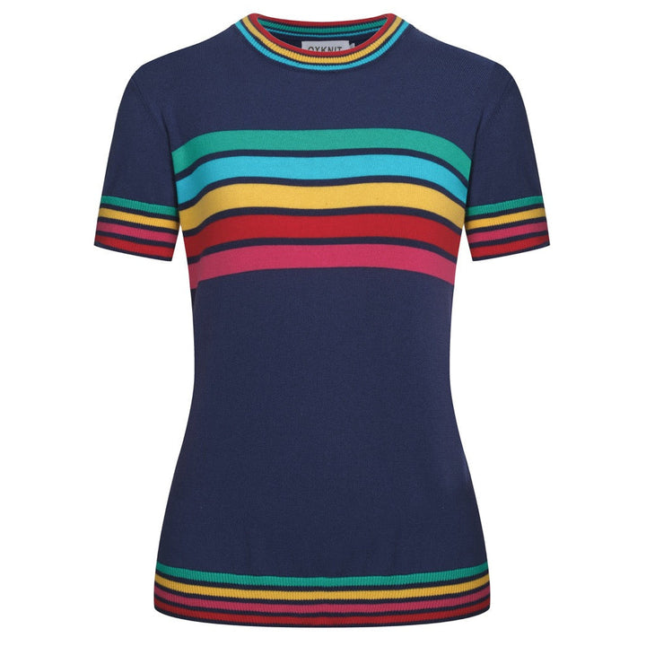 Dark Blue | Rainbow Striped Classic Jacquard Knit T-Shirt