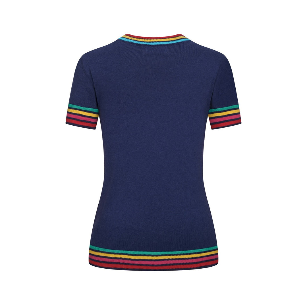 Dark Blue | Rainbow Striped Classic Jacquard Knit T-Shirt