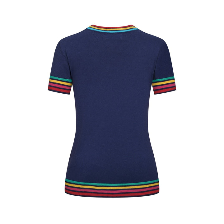 Dark Blue | Rainbow Striped Classic Jacquard Knit T-Shirt