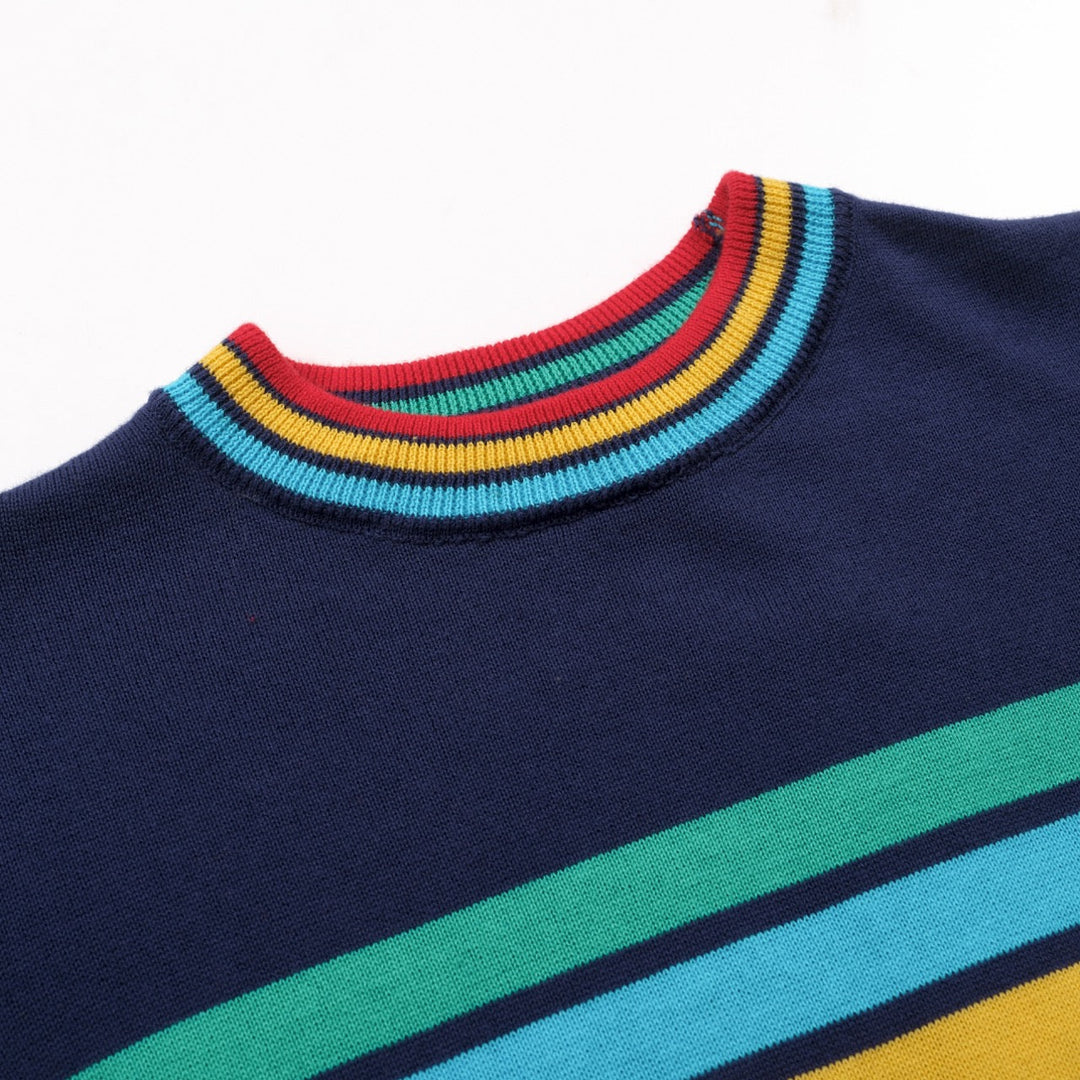 Dark Blue | Rainbow Striped Classic Jacquard Knit T-Shirt