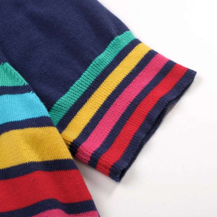 Dark Blue | Rainbow Striped Classic Jacquard Knit T-Shirt