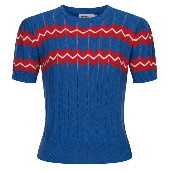Blue | Striped Hollow-Out Puff Sleeve Knit Top