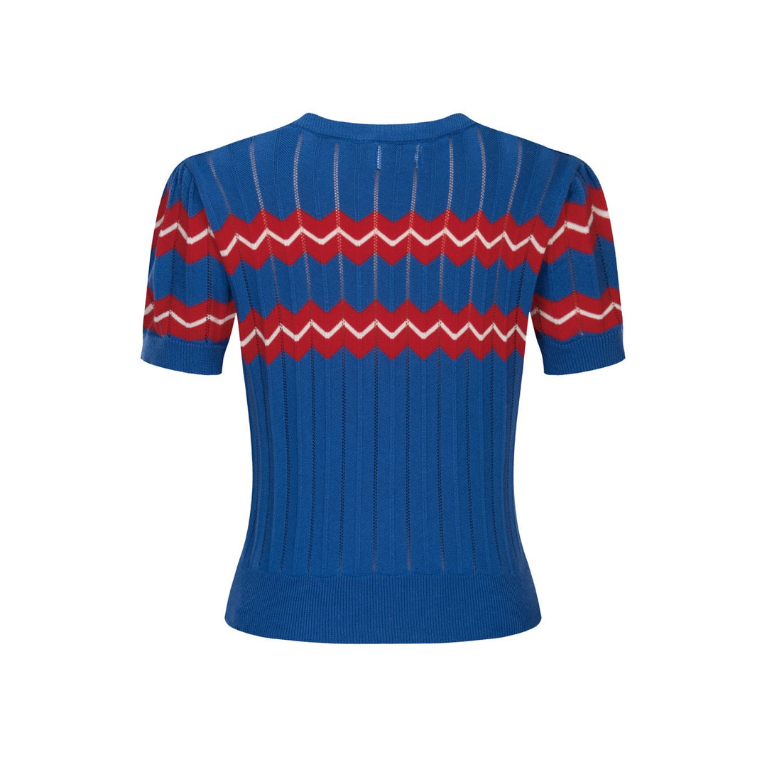 Blue | Striped Hollow-Out Puff Sleeve Knit Top