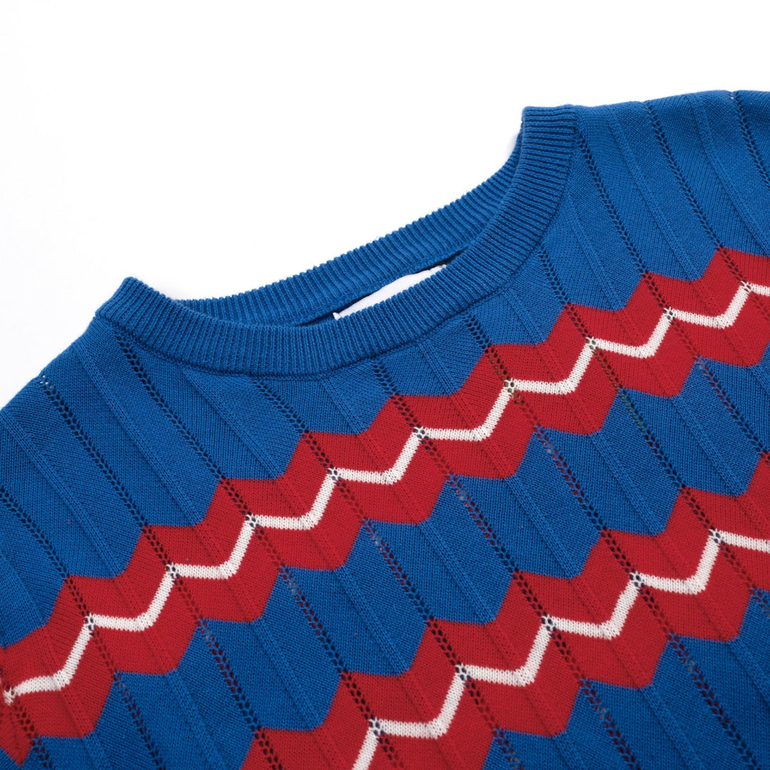 Blue | Striped Hollow-Out Puff Sleeve Knit Top