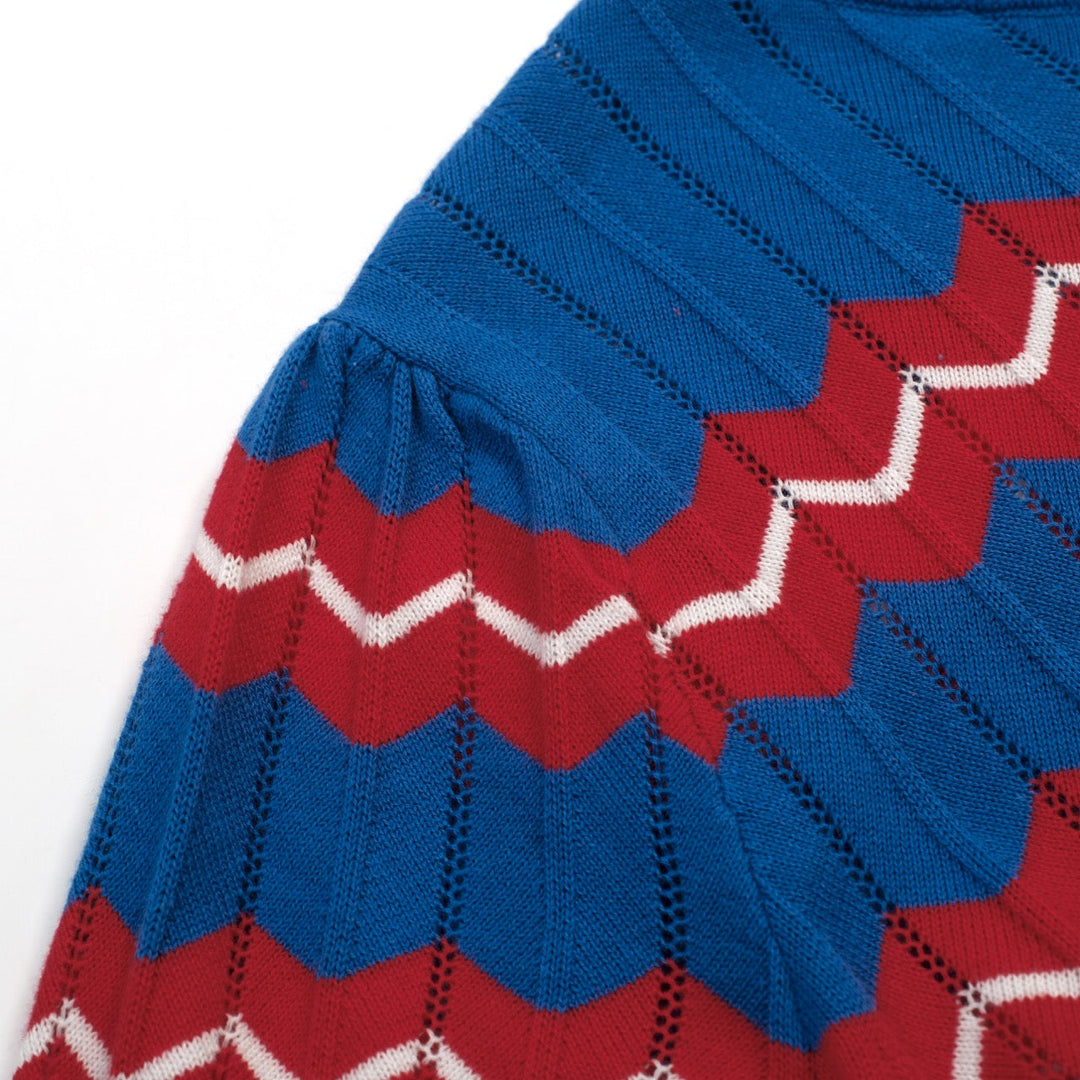 Blue | Striped Hollow-Out Puff Sleeve Knit Top