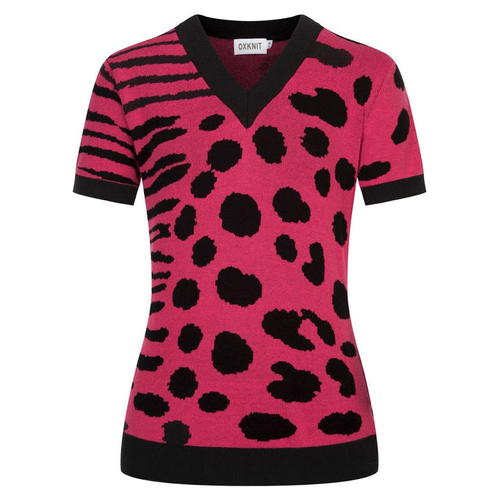 Pink | Retro Leopard Print Art Jacquard Knit T-Shirt