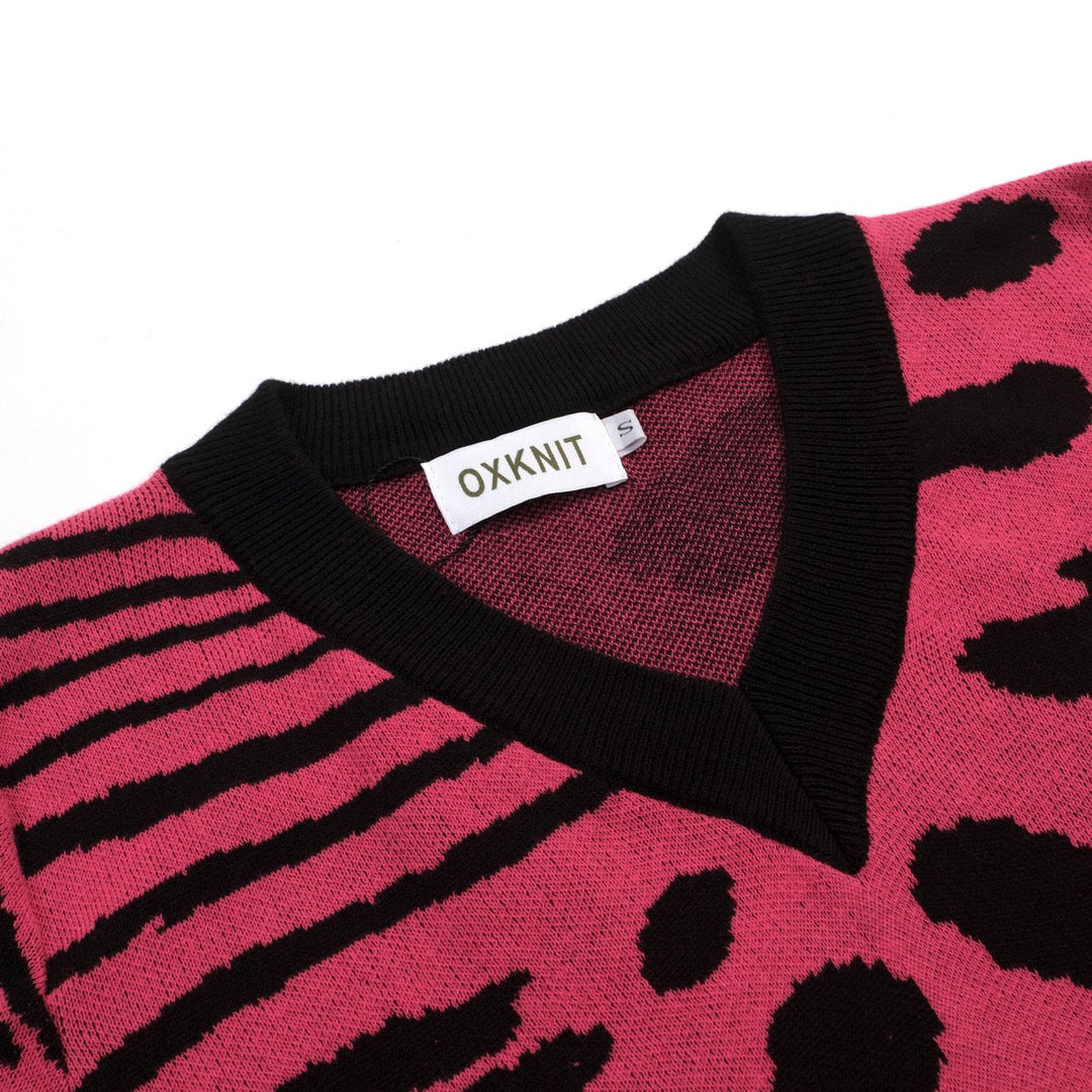 Pink | Retro Leopard Print Art Jacquard Knit T-Shirt