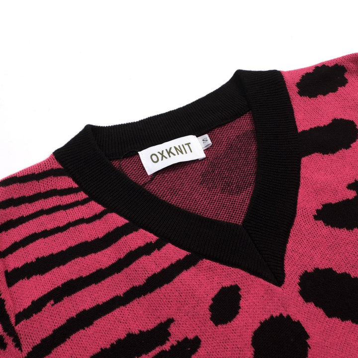 Pink | Retro Leopard Print Art Jacquard Knit T-Shirt
