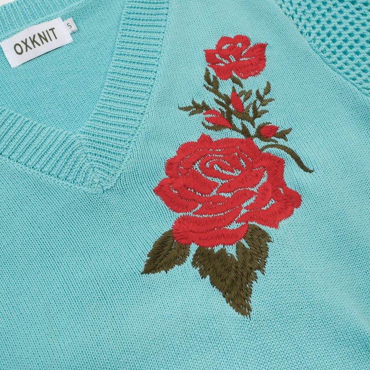 Mint Green | 1960s Rose Embroidered V-Neck Knit Top