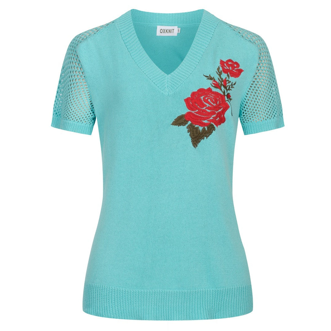 Mint Green | 1960s Rose Embroidered V-Neck Knit Top