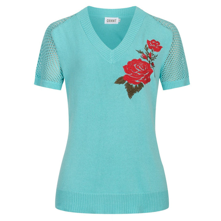 Mint Green | 1960s Rose Embroidered V-Neck Knit Top