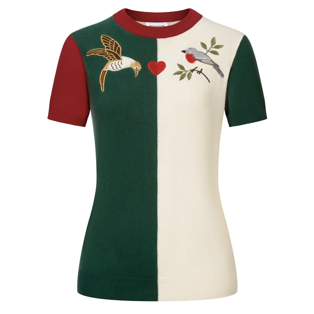 Apricot | Retro Patchwork Bird Embroidery Design Knitted T-shirt