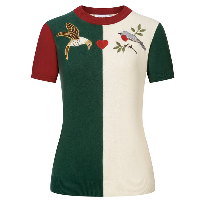 Apricot | Retro Patchwork Bird Embroidery Design Knitted T-shirt