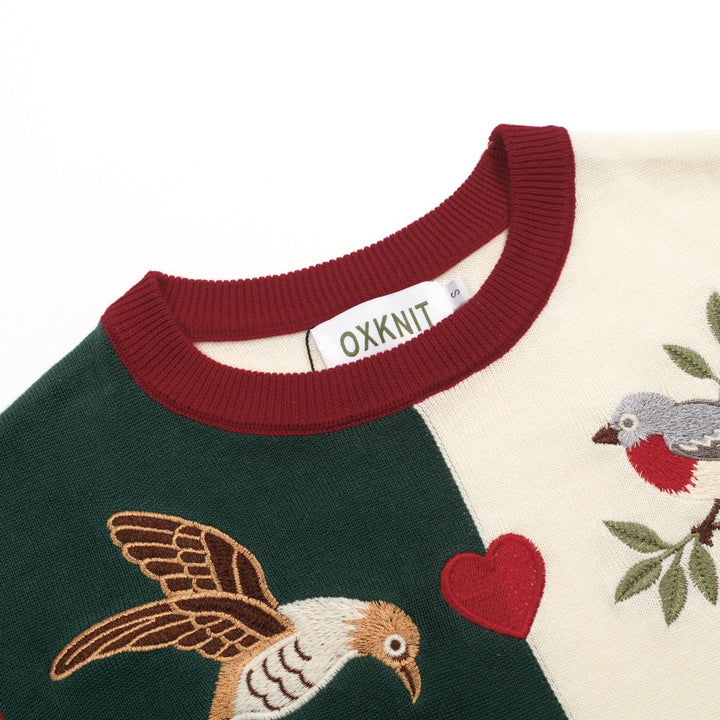 Apricot | Retro Patchwork Bird Embroidery Design Knitted T-shirt