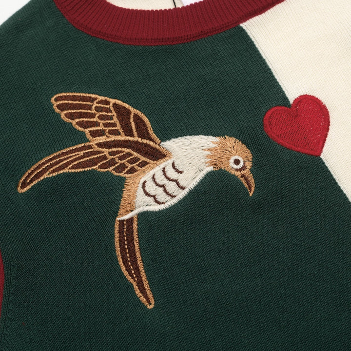 Apricot | Retro Patchwork Bird Embroidery Design Knitted T-shirt