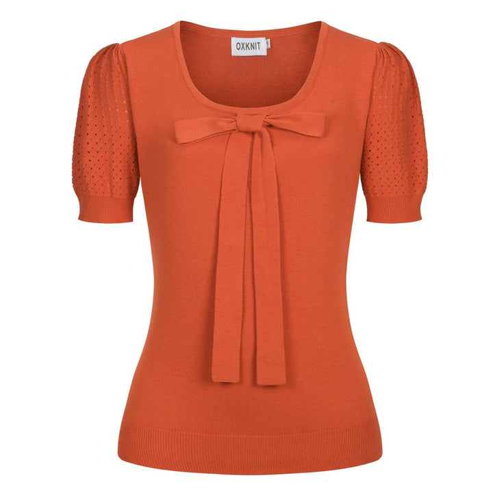Orange | Simple Puff Sleeve Hollow Out Tie-up Knit T-Shirt