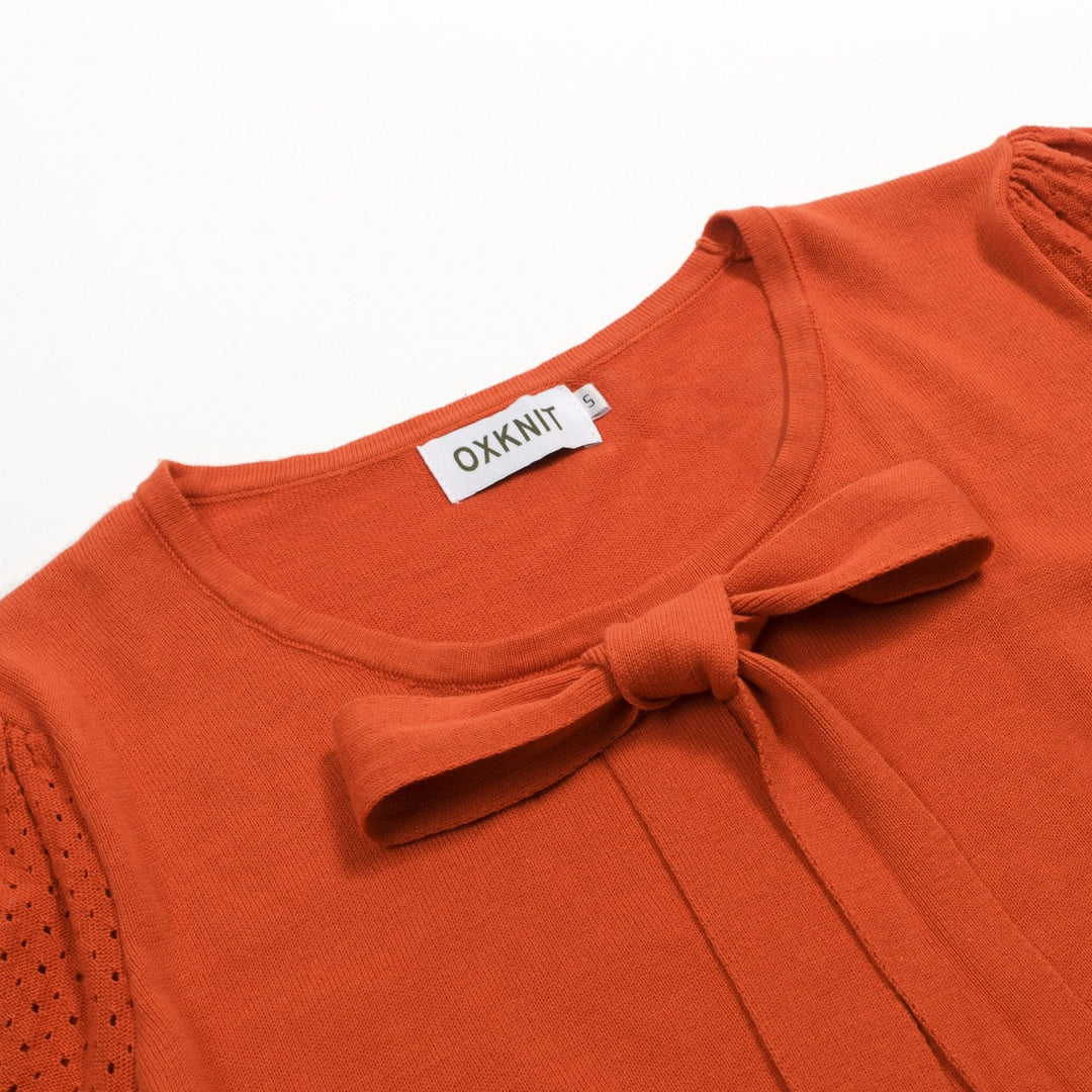 Orange | Simple Puff Sleeve Hollow Out Tie-up Knit T-Shirt