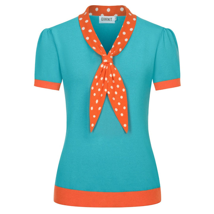 Blue & Green | Retro Polka Dot Bow Tie Knit Top