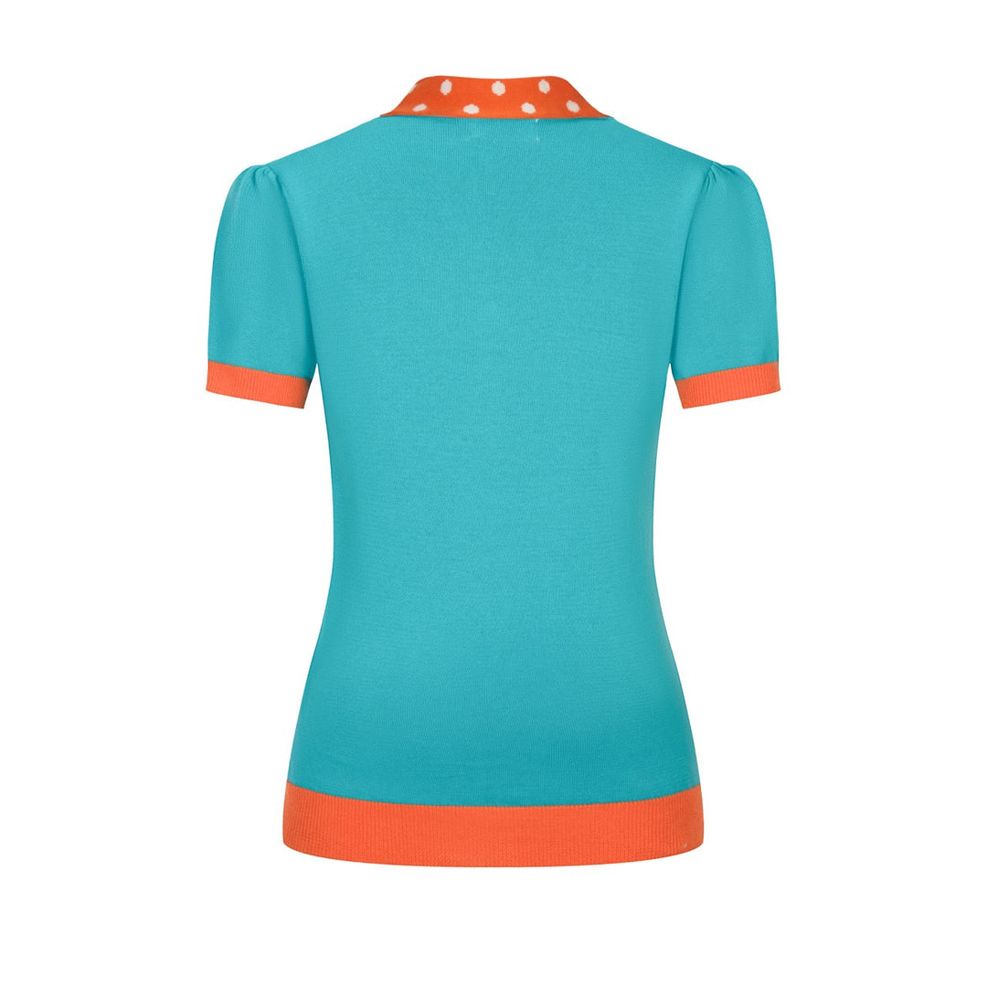 Blue & Green | Retro Polka Dot Bow Tie Knit Top
