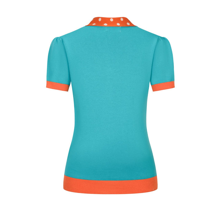 Blue & Green | Retro Polka Dot Bow Tie Knit Top