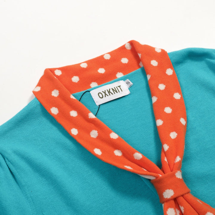 Blue & Green | Retro Polka Dot Bow Tie Knit Top