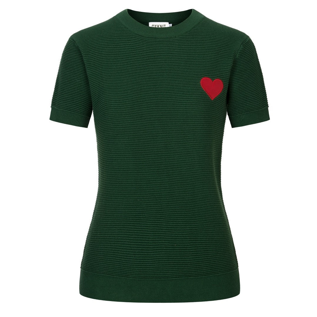 Green | Retro Heart Embroidered Knitted T-Shirt