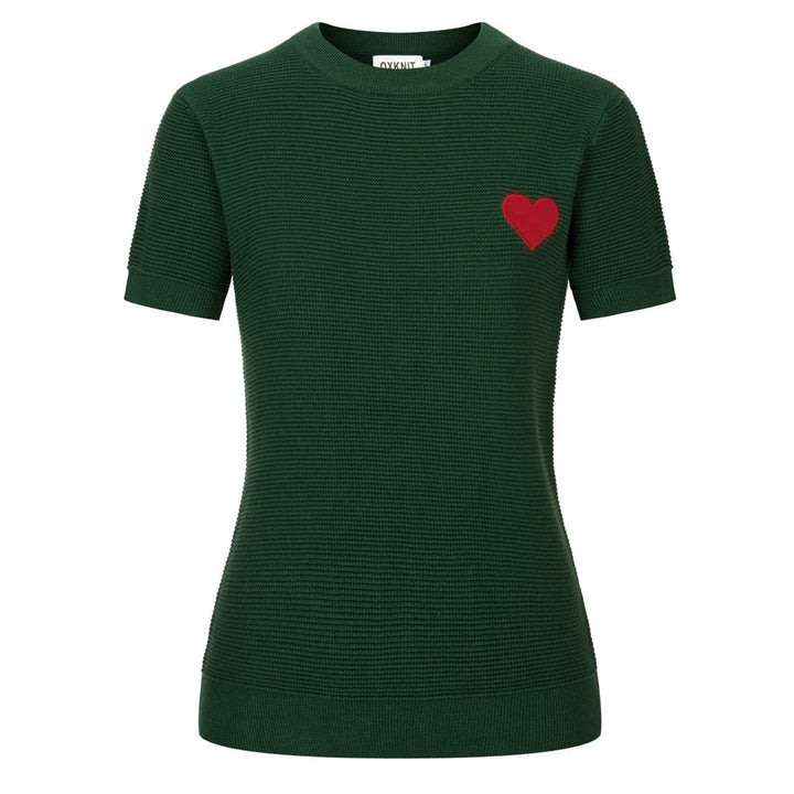Green | Retro Heart Embroidered Knitted T-Shirt