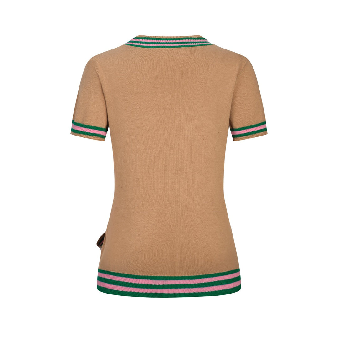 Khaki | Retro Summer Coconut Tree Embroidered Ribbon-Waist Cardigan