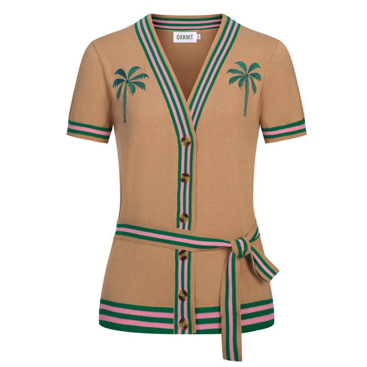 Khaki | Retro Summer Coconut Tree Embroidered Ribbon-Waist Cardigan