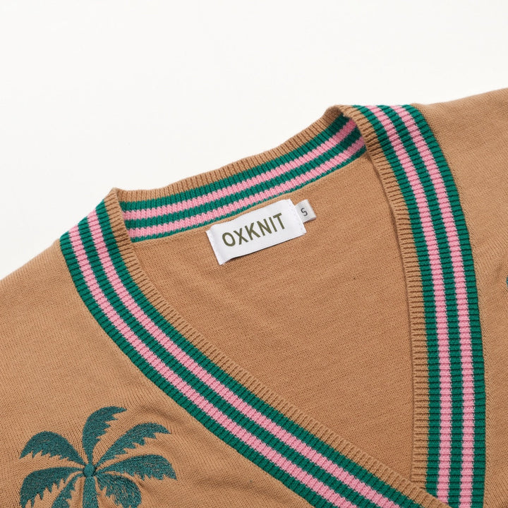 Khaki | Retro Summer Coconut Tree Embroidered Ribbon-Waist Cardigan