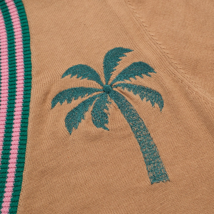Khaki | Retro Summer Coconut Tree Embroidered Ribbon-Waist Cardigan