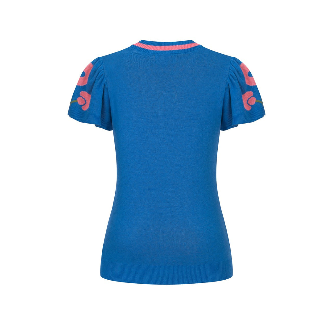Blue | Retro Ruffle Sleeve Pop Floral Jacquard Knit T-Shirt
