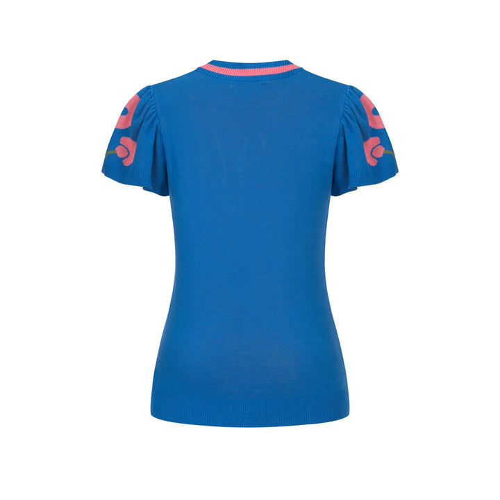 Blue | Retro Ruffle Sleeve Pop Floral Jacquard Knit T-Shirt