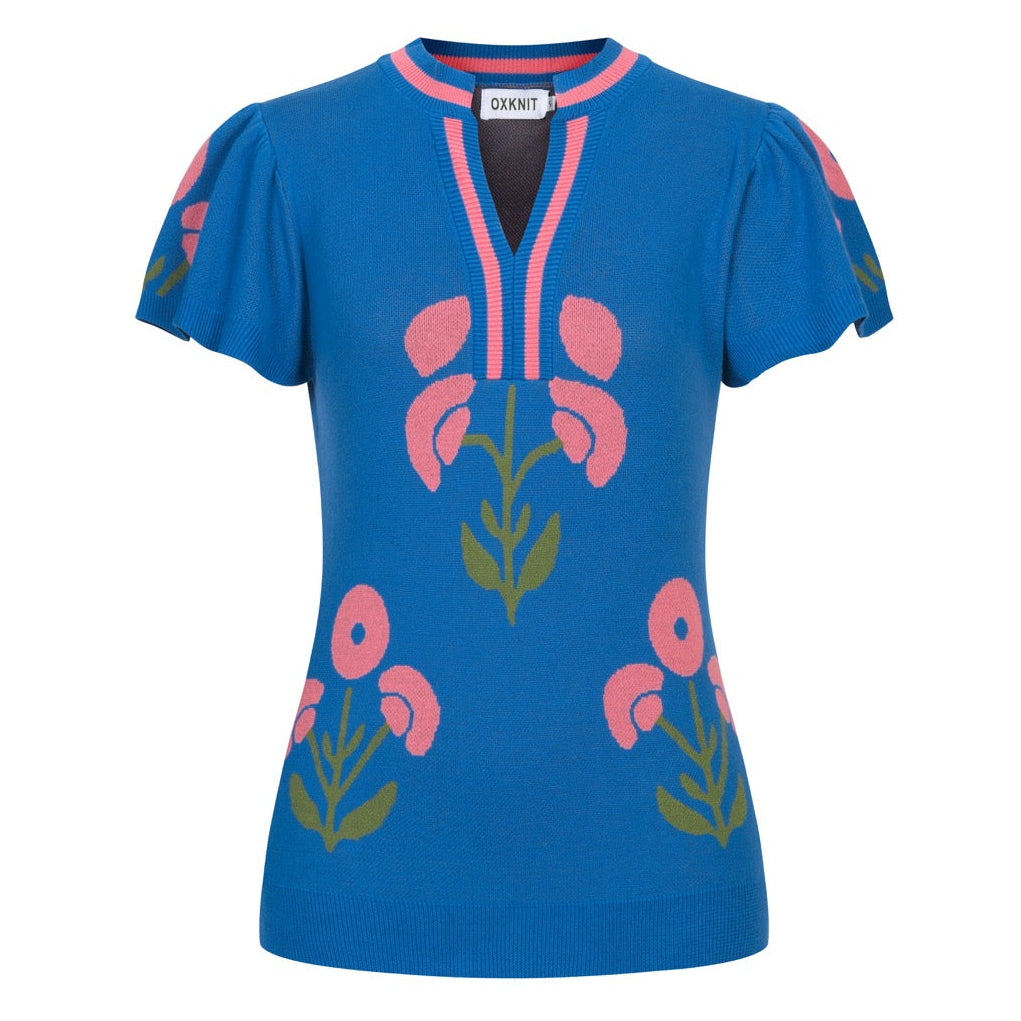 Blue | Retro Ruffle Sleeve Pop Floral Jacquard Knit T-Shirt