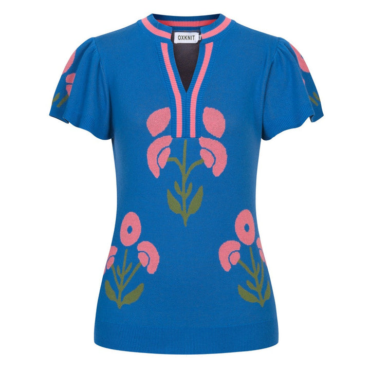 Blue | Retro Ruffle Sleeve Pop Floral Jacquard Knit T-Shirt